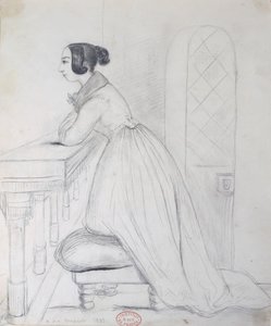 George Sand (1804-76) agenouillée sur un pouf et avec ses coudes sur une balustrade, 1833